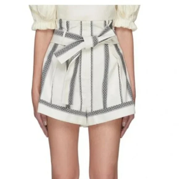 Acler RRP$295 'kingsway' Belted Diamond Grid Stripe Shorts white, grey/blue (6) - Picture 1 of 11